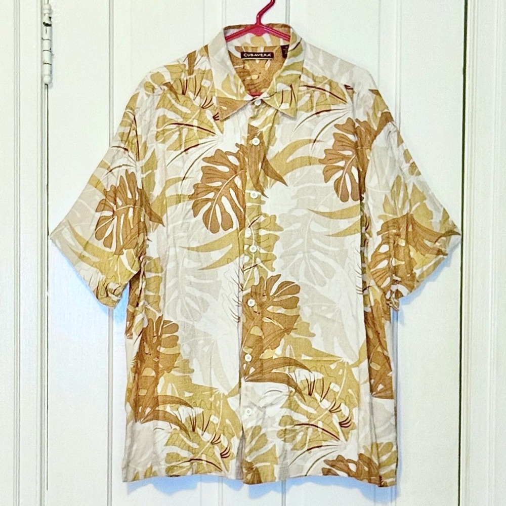 Cubavera Tan and Gold Leaf Print Shirt